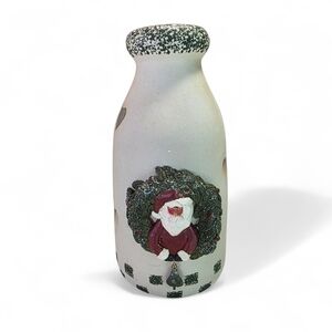 Vintage Ceramic Milk Jug Lantern With Santa And Bell EUC
